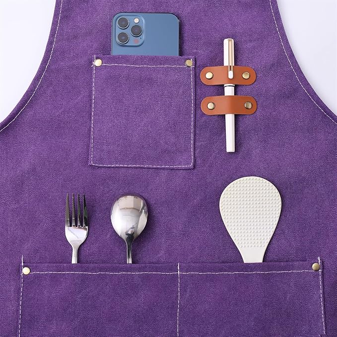 Chef Apron Medium-Thick Cotton Canvas,Cross Back with Multiple Pockets Adjustable Work Apron for Men and Women (Purple)
