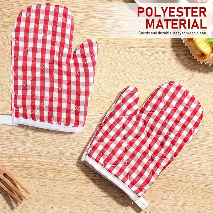2Pcs Oven Mitts for Play Kitchen, Anti- Scald Gloves Microwave Oven Gloves Kitchen Mitts for Safe Baking Cooking ( Red Checkered )