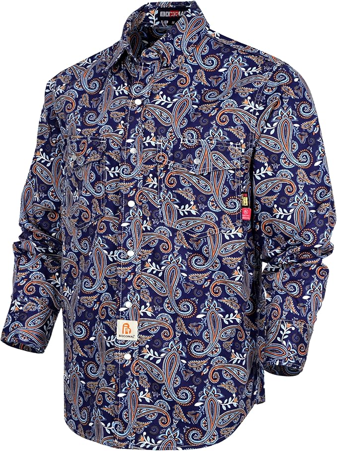 BOCOMAL FR Shirts Printed Paisley/Hawaii Lightweight Pearl Snaps/Button Down Flame Resistant NFPA2112 CAT2 Work Shirt