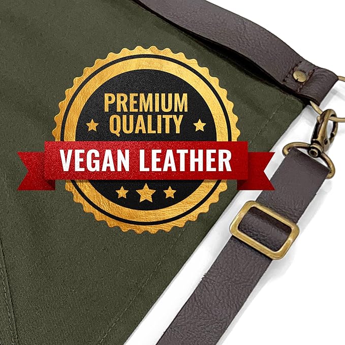 Under NY Sky Half Barista Apron - Brown Leather Strap - Riveted Pockets - Double Stiched - Leather Loop - Professional Twill - Bistro, Restaurant, Waiter, Bartender, Server - Green Half Waist Apron