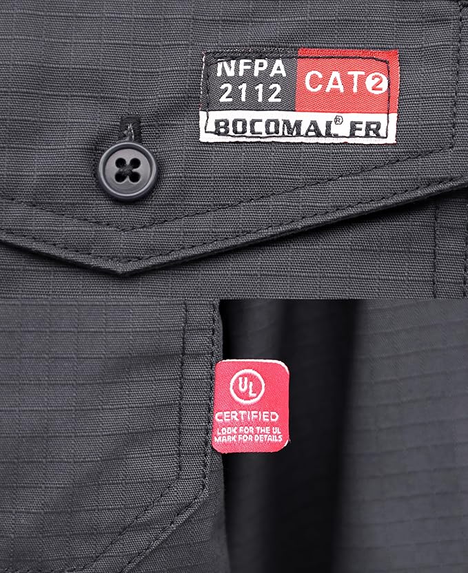 BOCOMAL FR Shirts 6oz Ripstop Durable Rugged Zipper Pocket Water Repellent Finish Fire Resistant Shirt-CAT2