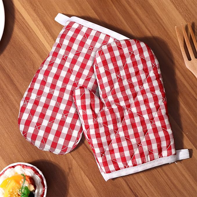 2Pcs Oven Mitts for Play Kitchen, Anti- Scald Gloves Microwave Oven Gloves Kitchen Mitts for Safe Baking Cooking ( Red Checkered )
