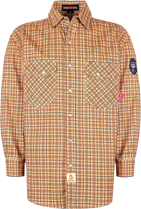 BOCOMAL FR Shirts Flame Resistant NFPA2112/CAT2 6.5oz Light Weight Printed Fire Retardant Plaid Shirt