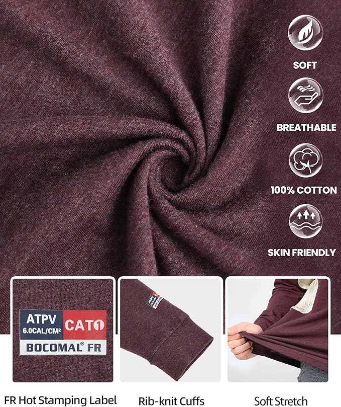 BOCOMAL FR Shirts for Summer Vented Mesh Loose Fit 4oz EX Lightweight Flame Resistant Base Layer CAT1 Crew Shirt