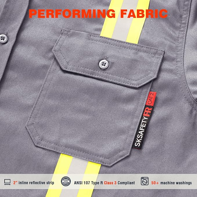SKSAFETY 7oz FR Shirts for Men, Welding Shirt Hi Vis Flame Resistant 100% Cotton Fire Retardant Longsleeve Shirt CAT2/NFPA