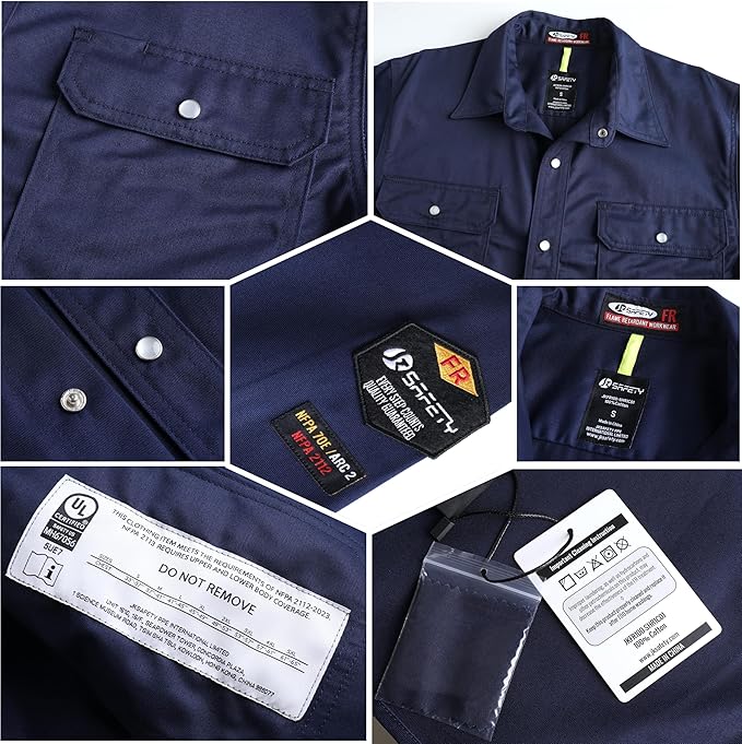 JKSafety 7oz FR Shirts for Men Women NFPA 70E 2112 ARC 2 Fire Resistant Welding Shirts FRC Long Sleeve Safety Workwear
