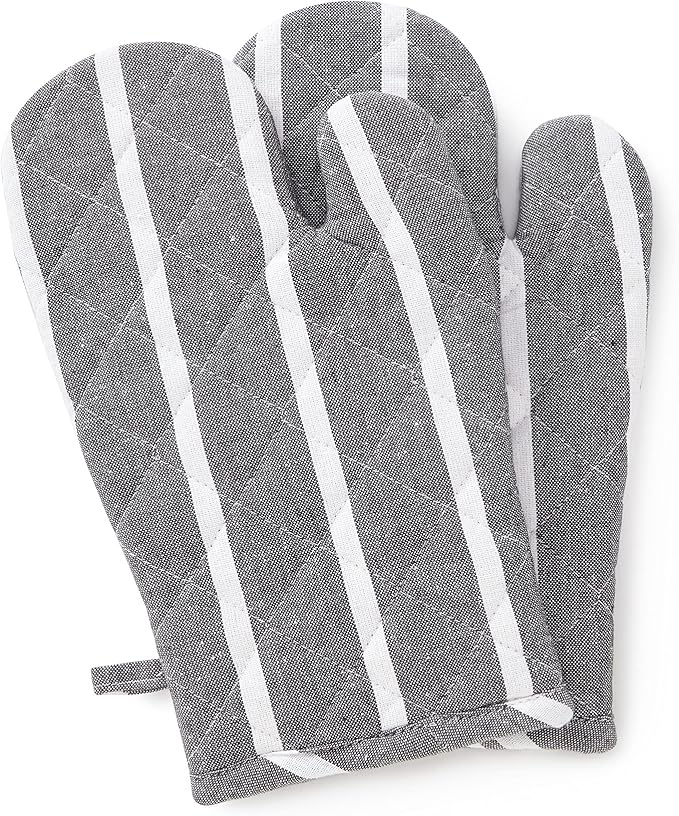 Encasa XO Long 12"x7" Oven Microwave Hand Gloves Mitts (2 pc Set) for Kitchen Cooking & Baking - Heat Resistant, Thick & Safe, Protection of Hands from Hot Utensils - Roma Grey Stripes