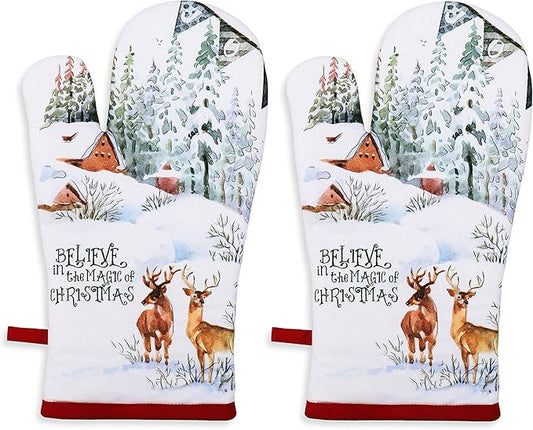 AMOUR INFINI Oven Mitts Set of 1 Quilted Liner with Hanging Loop Non Slip, Heat Resistant, Washable Reusable Oven Mitt Gifts (Christmas Winter 7x13 Inches)