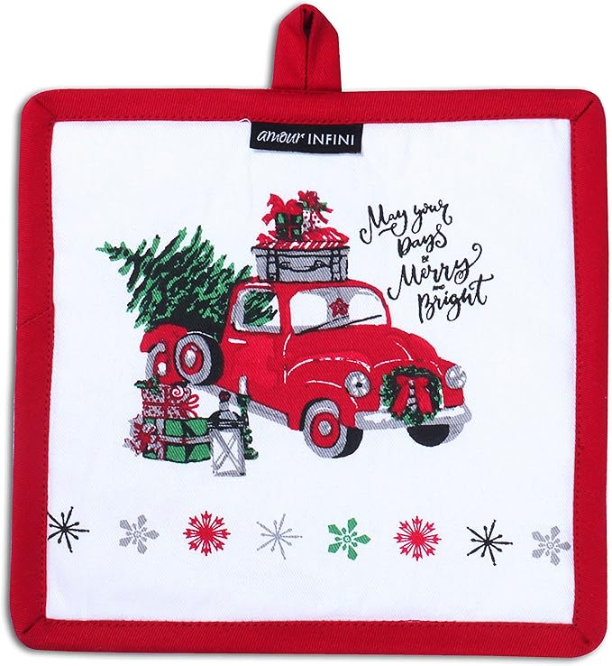 AMOUR INFINI Pot Holders and Oven Mitts 100% Cotton Unique Merry Christmas Design|Heat Resistant Non Slip Reusable Set of 1 Oven Mitt and 1 Pot Holder|Thanksgiving Christmas Fall Festive Kitchen Set