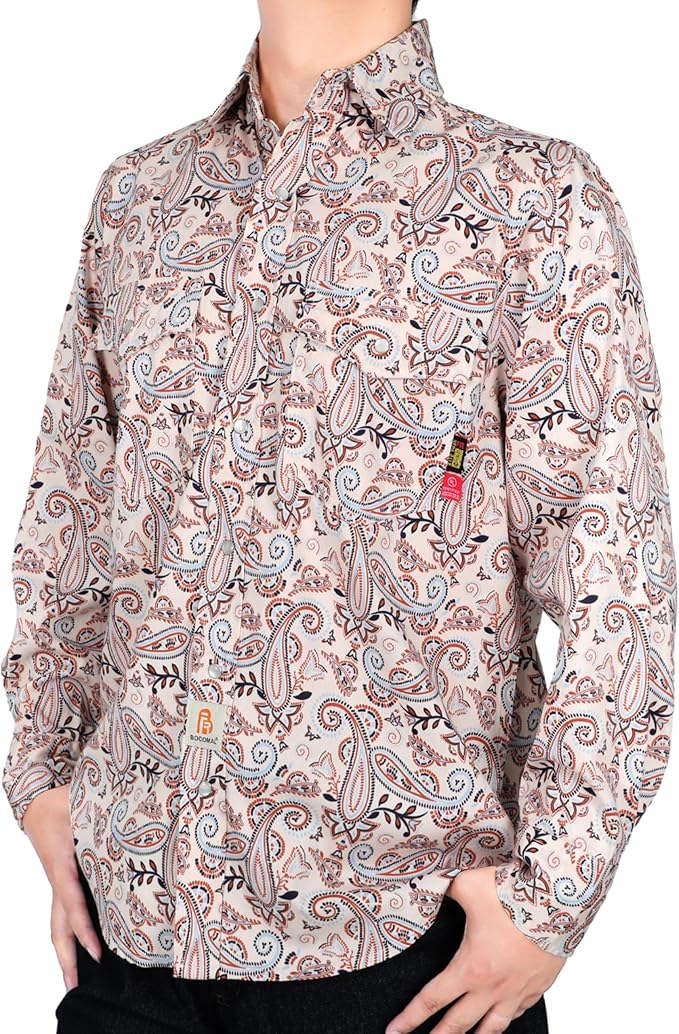 BOCOMAL FR Shirts Printed Paisley/Hawaii Lightweight Pearl Snaps/Button Down Flame Resistant NFPA2112 CAT2 Work Shirt