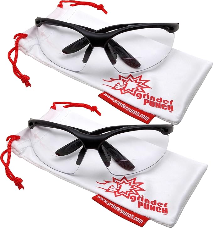 grinderPUNCH 2 Pair Safety Glasses ANSI Z87 Impact Resistant Non-Slip Wrap Around Clear Lens Bifocal Reading Glasses