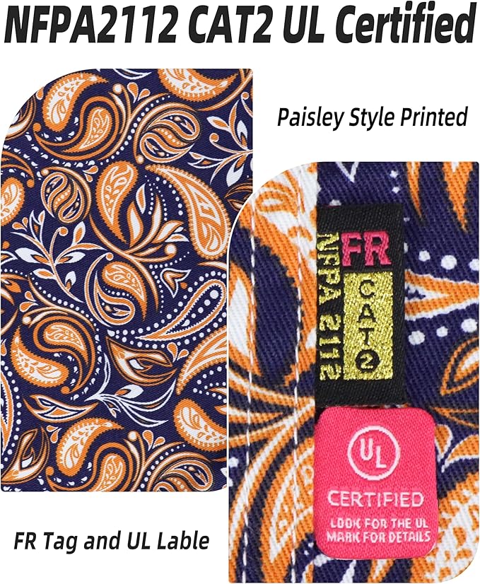 BOCOMAL FR Shirts Printed Paisley/Hawaii Lightweight Pearl Snaps/Button Down Flame Resistant NFPA2112 CAT2 Work Shirt