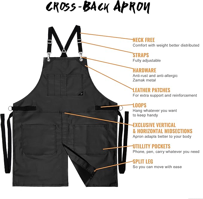 Under NY Sky Cross-Back Black Apron – Chrome Hardware, Coated Twill, Leather Reinforcement, Split-Leg – Adjustable for Men, Women, Pro Barber, Tattoo, Hair Stylist, Barista, Bartender, Server Aprons