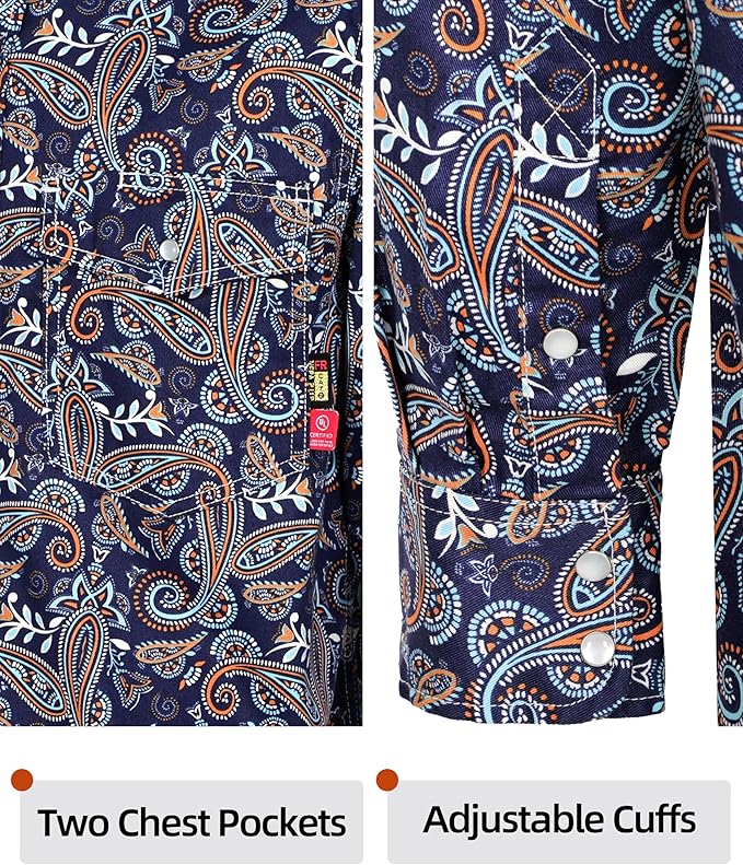 BOCOMAL FR Shirts Printed Paisley/Hawaii Lightweight Pearl Snaps/Button Down Flame Resistant NFPA2112 CAT2 Work Shirt