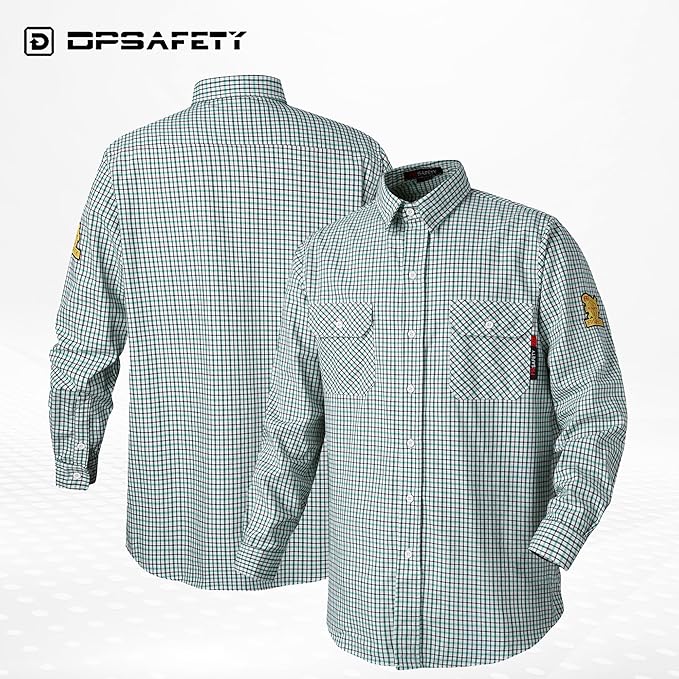 FR Shirts for Men 7oz Fire Resistant Shirts NFPA CAT2 Welding Shirt 100% Cotton Flame Resistant Shirt Greens/Plaid(Large)
