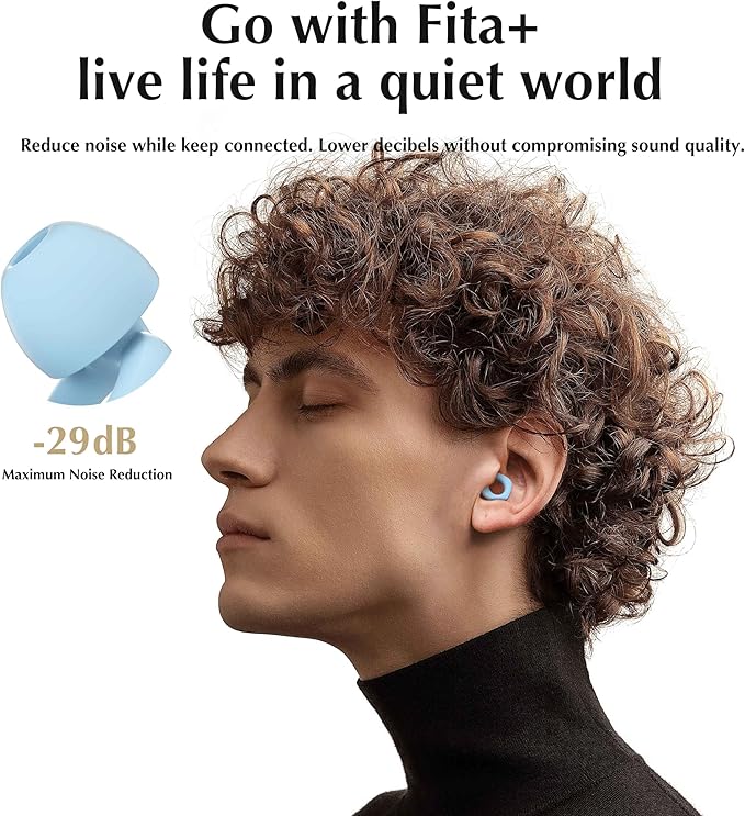 Fita+ Soft Reusable Ear Plugs for Noise Reduction up to 33dB, 4 Pairs XS/S/M/L, Soft Silicone Ear Plugs for Sleeping, Ear Plugs Noise Cancelling for Work, Focus - Blue