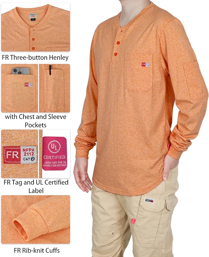 TICOMELA FR Shirts for Men Heather Series 6oz Flame Resistant T Shirt NFPA2112 CAT2 Fire Retardant Henley Shirts