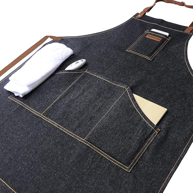 Denim Kitchen Apron with Pockets, Mens Womens Professional Chef Bib Apron for Cooking Grill BBQ Server