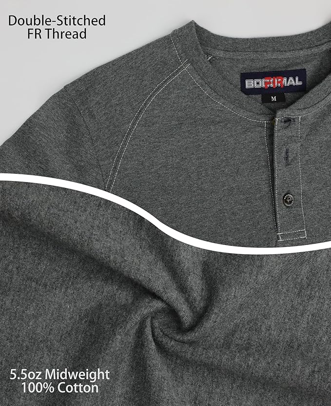 BOCOMAL Men's FR Shirt Pocket Henley Lightweight Flame Resistant Cotton Long Sleeve Workwear UL NFPA2112 CAT2 Welding Tee