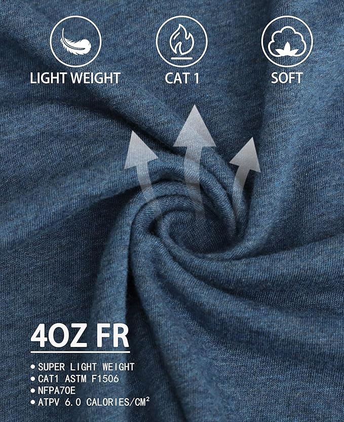 TICOMELA FR Shirts for Men 4oz Lightweight Flame Resistant Crewneck T-Shirts 100% Cotton Fire Retardant Henley Shirts