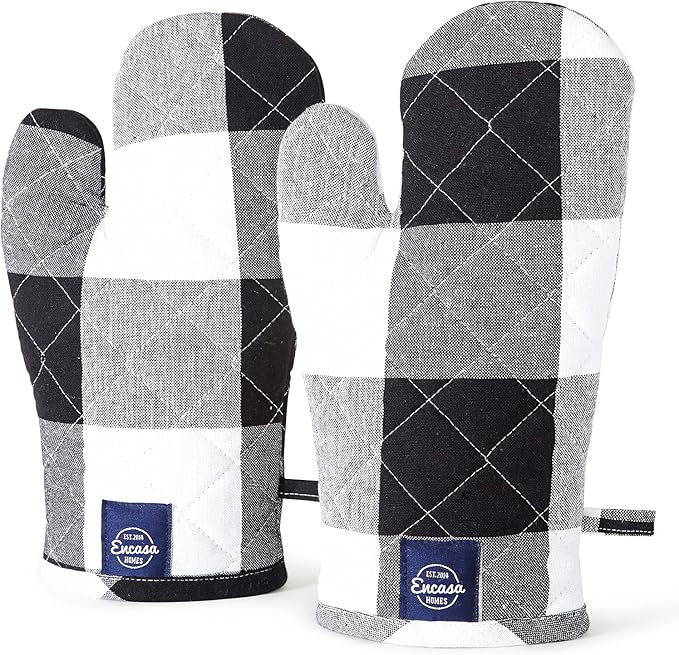 Encasa XO Long 12"x7" Oven Microwave Hand Gloves Mitts (2 pc Set) for Kitchen Cooking & Baking - Heat Resistant, Thick & Safe, Protection of Hands from Hot Utensils - Buffalo Black Checks
