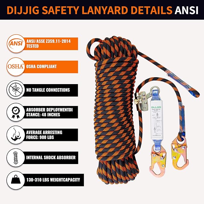 Rope Harness Safety Lanyard 100ft Vertical Roofing Rope with Grab Snap Hooks Shock Absorber Fall Protection Tree Climbing Line Kit Heavy Duty Roof Safety Equipment ANSI CE