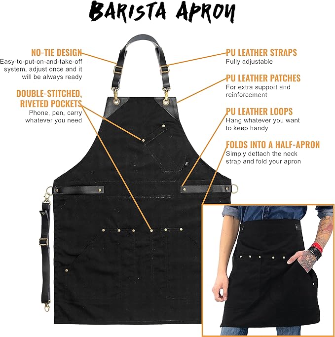 Under NY Sky Barista Apron - Black Leather Straps and Reinforcement - Riveted Pockets - Double Stiched - Leather Ring Loop - Professional Black Twill - Double as Half Bistro Apron - Chefs, Bartender