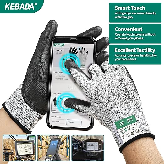 Kebada Cut Resistant Gloves, ANSI A2 Cutting Glove, PU Coated, Touchscreen, Multi-Purpose Model C2, 3 Pairs, Medium