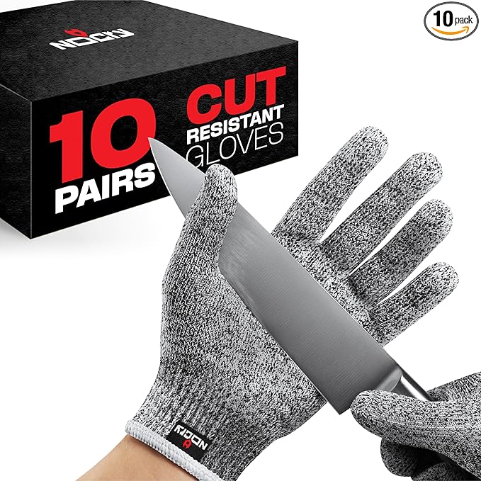 NoCry Premium Cut Resistant Gloves Food Grade — Level 5 Protection; Ambidextrous; Machine Washable; Superior Comfort and Dexterity; Lightweight; Complimentary eBook (10-pack)