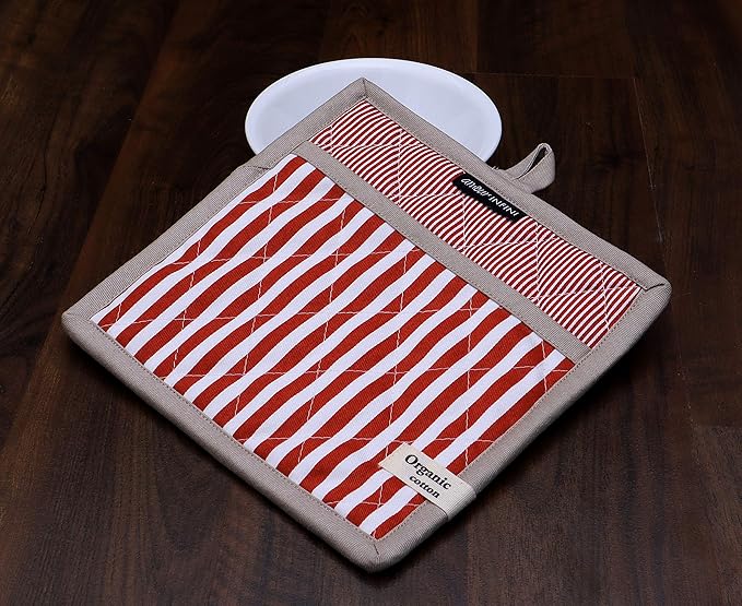 AMOUR INFINI Pot Holders Heat Resistant Cotton Set of 2 Nonslip 8"x8" Inch Hot Pads for Kitchen, BBQ, Baking & Cooking with Hanging Loops (Stripe Rust)