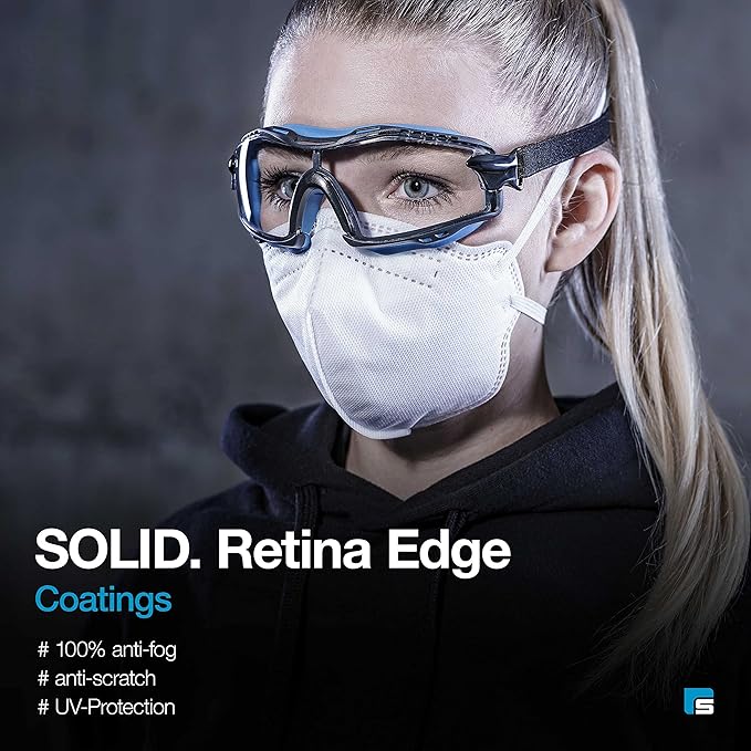 SolidWork Safety Goggles Anti-Fog Clear Lens with Adjustable Elastic Headband. Protective Eyewear for Men & Women