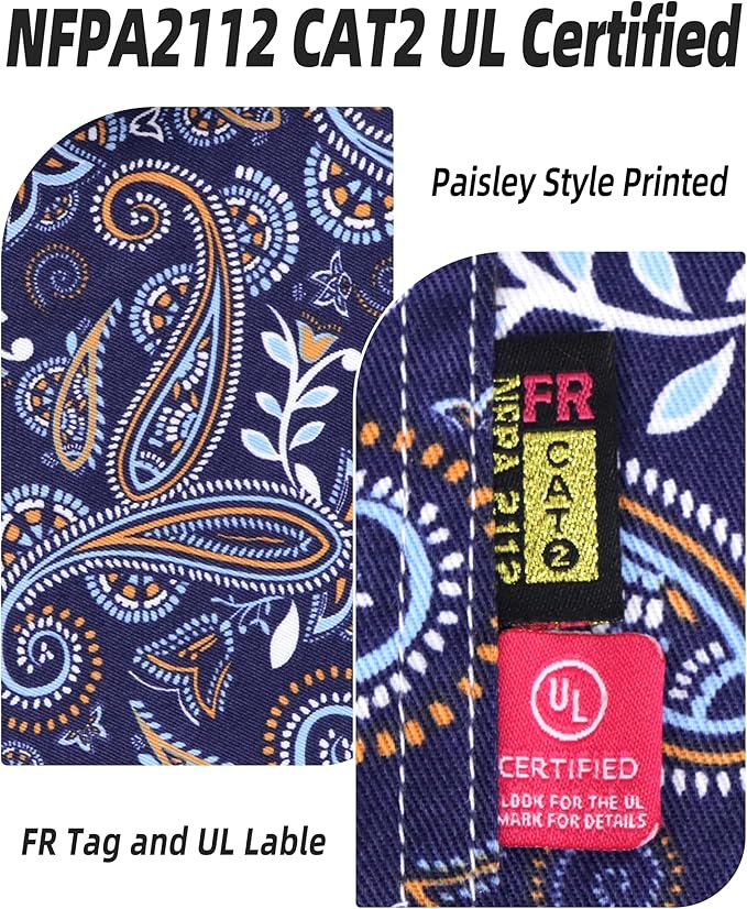 BOCOMAL FR Shirts Printed Paisley/Hawaii Lightweight Pearl Snaps/Button Down Flame Resistant NFPA2112 CAT2 Work Shirt