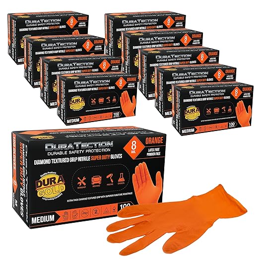 Dura-Gold Duratection 8 Mil Orange Super Duty Diamond Textured Nitrile Disposable Gloves, 10 Boxes of 100, Medium - Latex Free, Powder Free, Food Safe, Safety Protection Work Gloves, Industrial