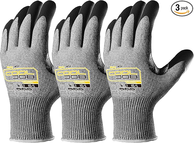 COOLJOB ANSI A5 Cut Resistant Gloves - 3/12 Pairs, Nitrile Rubber Dipped Safety Work Gloves for Men, Knife Proof with Grip Coating for Construction Warehouse Glass Wood Work, Grey Medium
