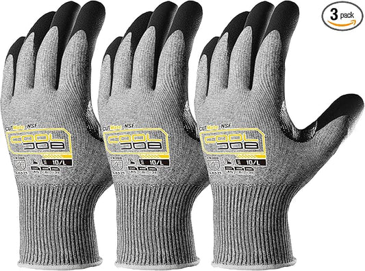 COOLJOB ANSI A5 Cut Resistant Gloves - 3/12 Pairs, Nitrile Rubber Dipped Safety Work Gloves for Men, Knife Proof with Grip Coating for Construction Warehouse Glass Wood Work, Grey Large