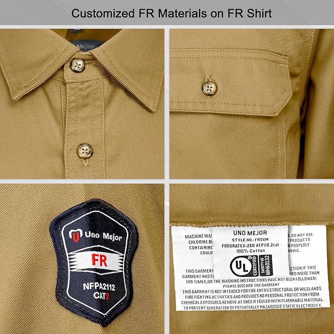 Welding Shirt 7.5oz FR Shirts for Men, 100% C Flame Resistant Welding Jacket with Reinforced Sewing, Durable Men's Fire Retardant FR Clothing for Men, Meets NFPA2112, Khaki-ZRND 4XL