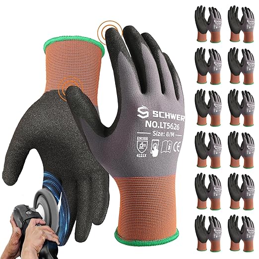 Schwer 12 Pairs Safety Work Gloves with Sandy Nitrile Coating LT5626, Max Abrasion Resistance Heavy Duty Gloves with Grip for Men and Women, Ideal for General Use, Mechanic, Construction, Gardening, M