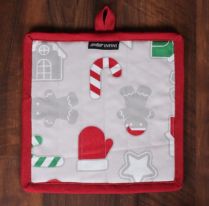 AMOUR INFINI Pot Holders Heat Resistant Cotton Set of 3 Nonslip 8"x8" Inch Hot Pads for Kitchen, BBQ, Baking & Cooking with Hanging Loops (Christmas Fun)