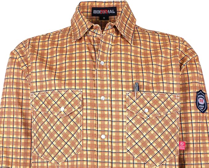 BOCOMAL FR Shirts Flame Resistant NFPA2112/CAT2 6.5oz Light Weight Printed Fire Retardant Plaid Shirt