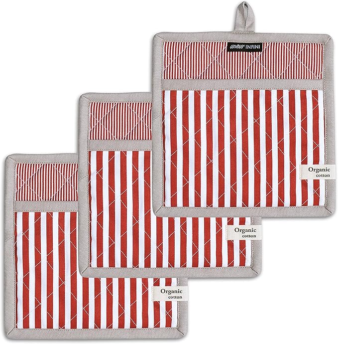 AMOUR INFINI Pot Holders Heat Resistant Cotton Set of 2 Nonslip 8"x8" Inch Hot Pads for Kitchen, BBQ, Baking & Cooking with Hanging Loops (Stripe Rust)