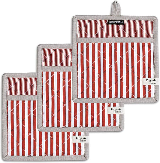 AMOUR INFINI Pot Holders Heat Resistant Cotton Set of 2 Nonslip 8"x8" Inch Hot Pads for Kitchen, BBQ, Baking & Cooking with Hanging Loops (Stripe Rust)